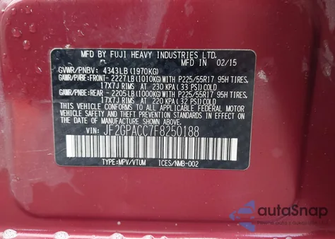 2015 Subaru Xv Crosstrek 2.0I Premium from USA, damaged, VIN JF2GPACC7F8250188